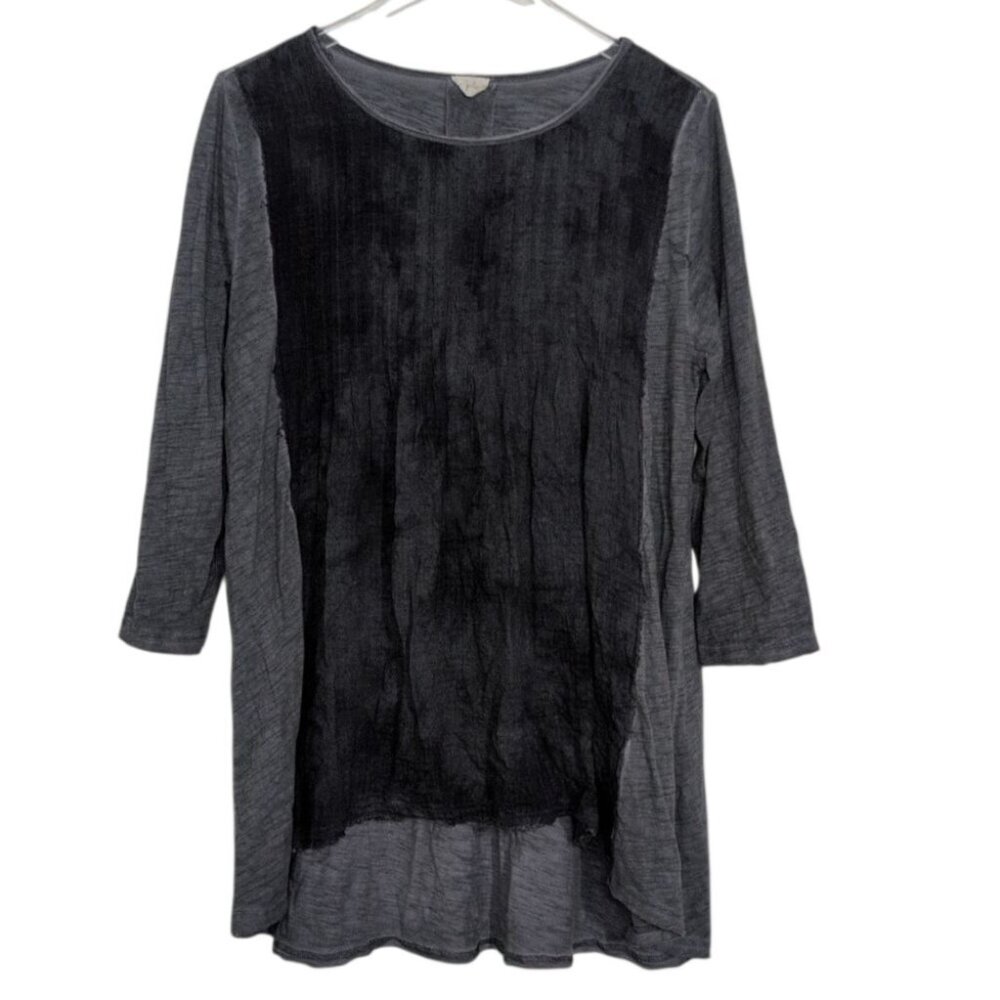 Hyku Lagenlook Tunic Womens Size Large Blue High Low Raw Hem Boho Long Sleeve